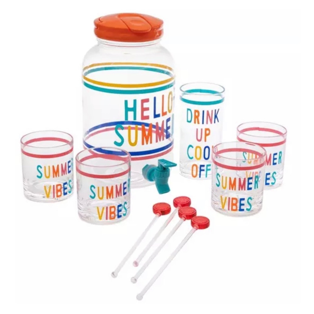 NWT Hello Summer Dispenser & Drinkware - 10 Piece Set